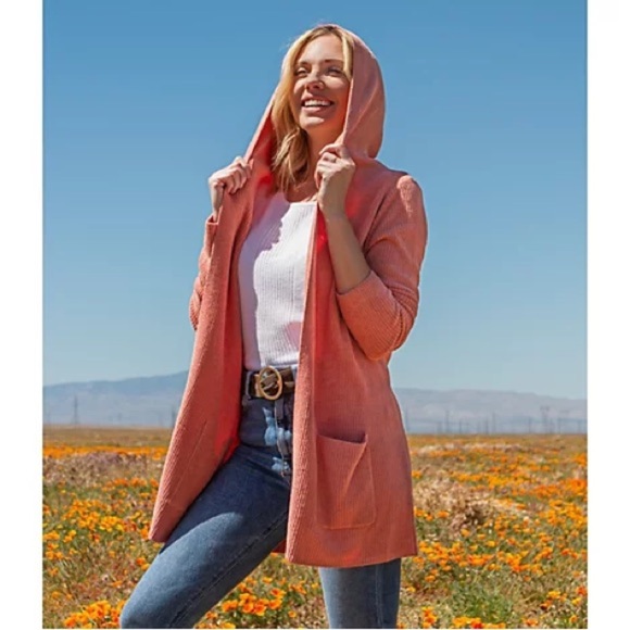 Barefoot Dreams CozyChic Ultra Lite Hooded Ribbed Cardigan Coral Small - Picture 4 of 9